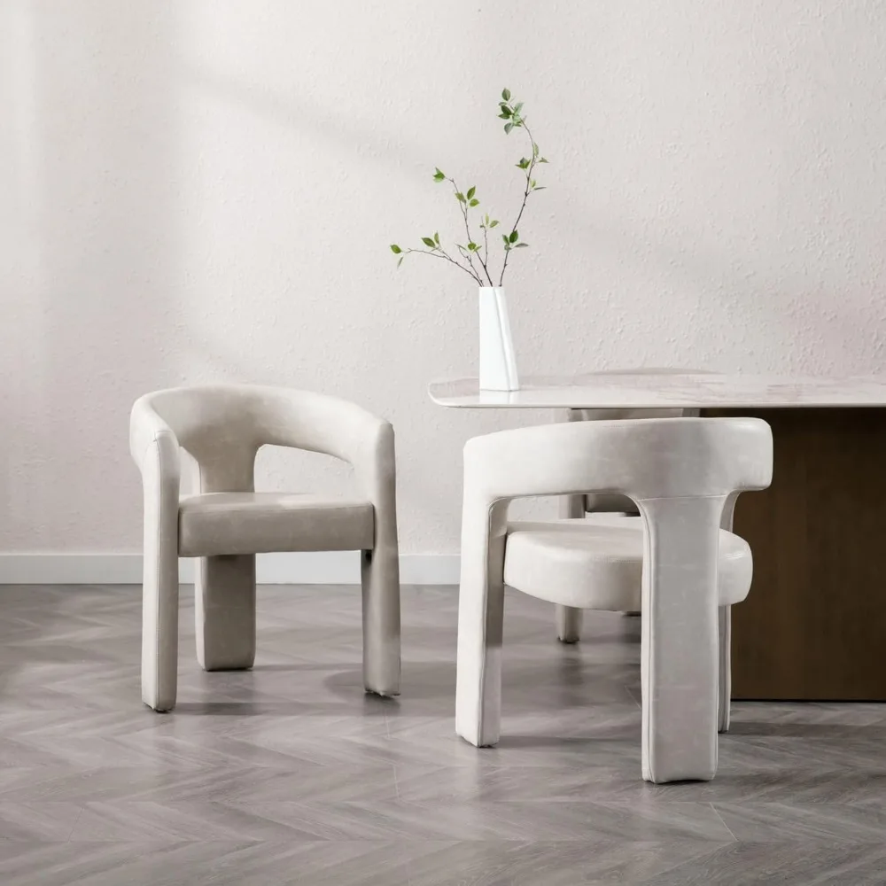 

Modern Dining Chair Set of 2, Faux Leather Upholstered Barrel Kitchen Chair, Round Dining Chairs with Wooden Legs