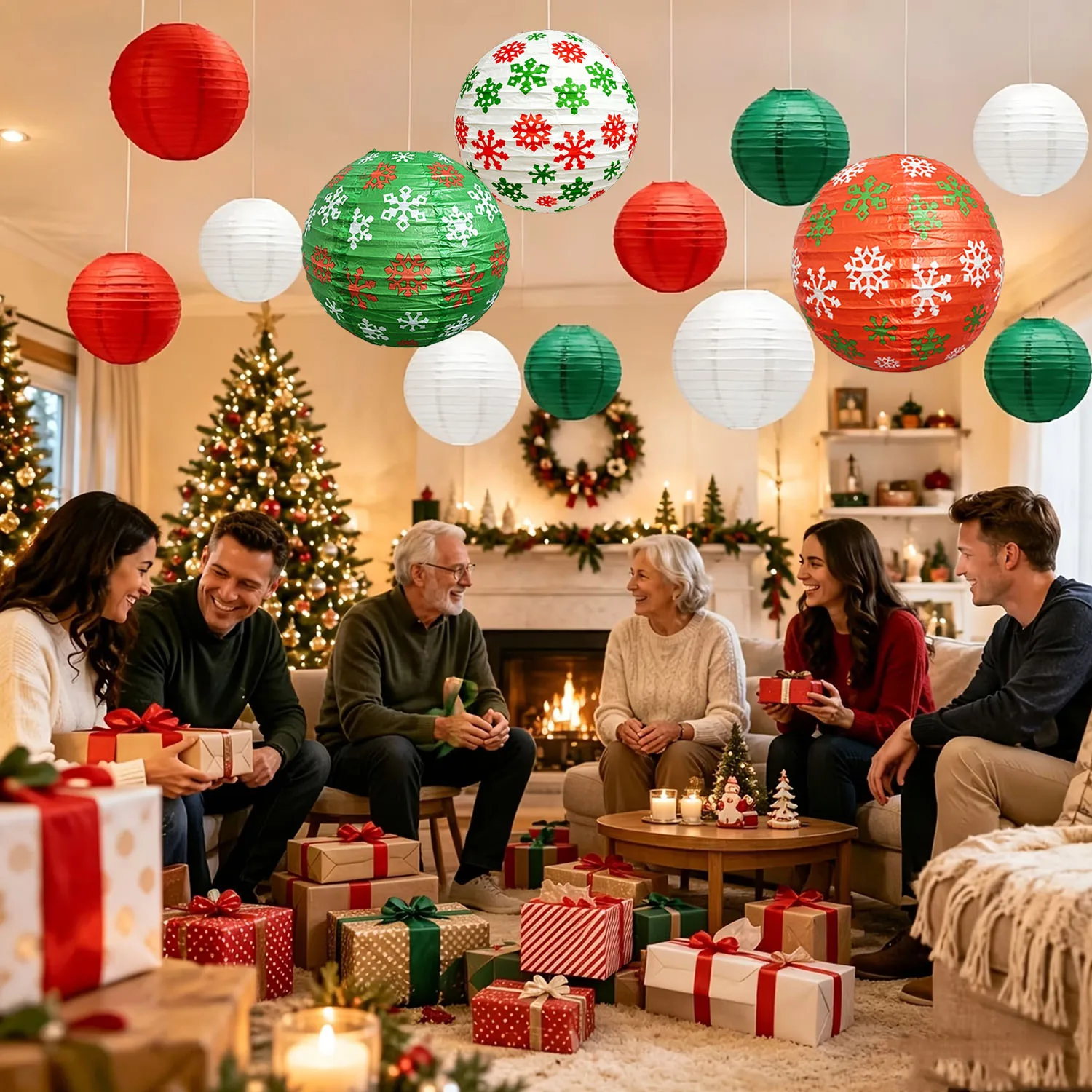 Christmas, 29Pcs/Set Snowflake Paper Lantern Decorations, Red, Green, and White Paper Lantern Decoration Set, Suitable for Christmas, Winter Parties