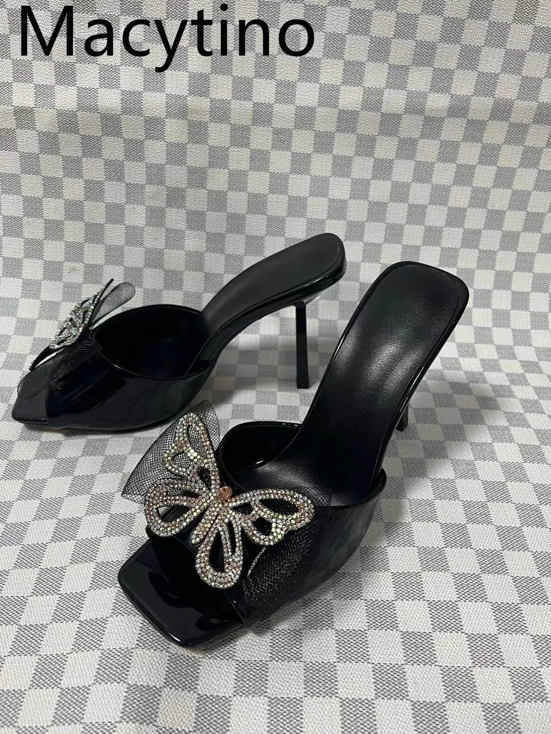 Women's Sandals Patent Leather 2024 Summer Bow Crystal Slippers Party Wedding Shoes Square Toe Stiletto Heel