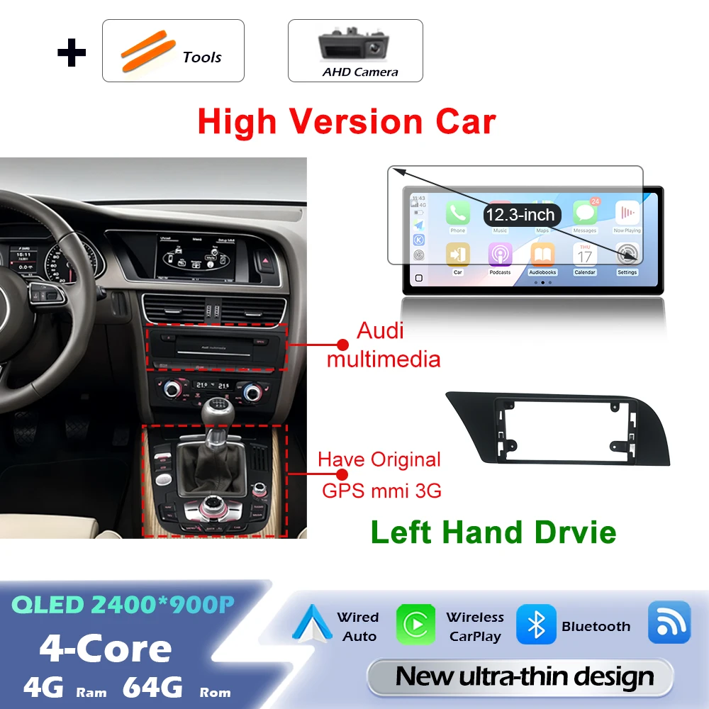 Android 16 draadloze Carplay autoradio multimediaspeler GPS navigatie ultradunne scherm DSP stereo WiFi voor Audi A4 B8 A5 2009 - 2016