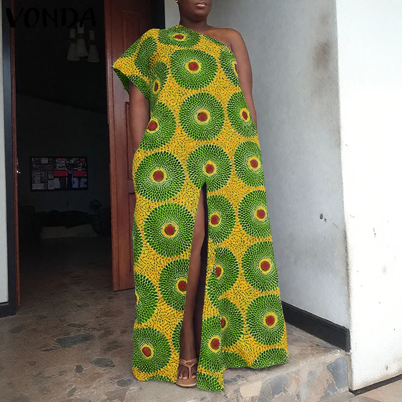 

Plus Size Bohemian Dress VONDA Sexy Off Shoulder Maxi Vestidos Women Long Sundress Short Sleeve Split Vintage Print Beach Robe