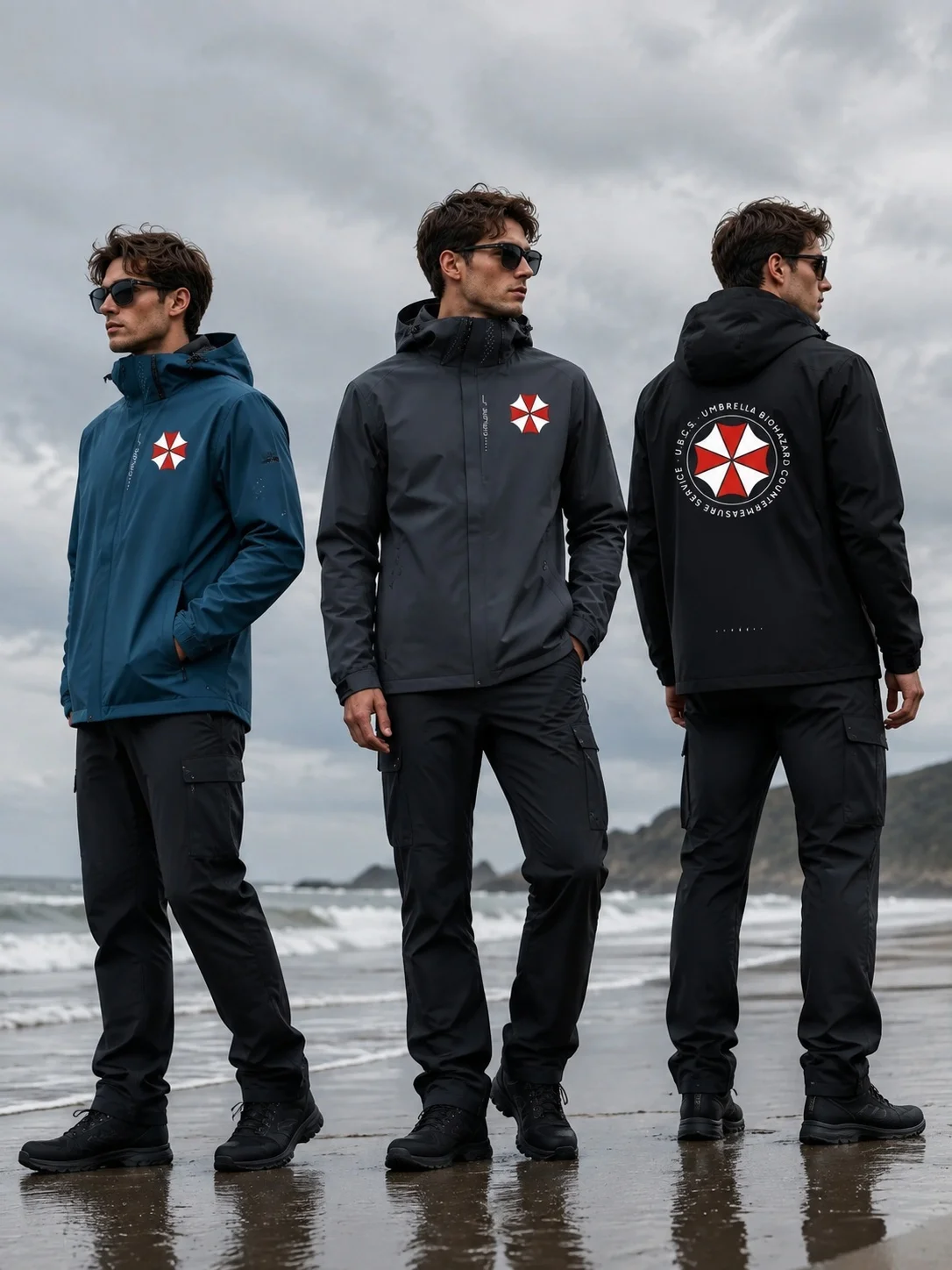 Spring and autumn thunderstorm weather men's black coat, red umbrella logo windproof outdoor jacket, zipper parka