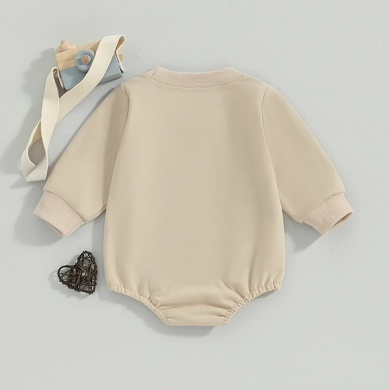 Baby Girls Beige Letter Prined Romper Embroidery Long Sleeve Crew Neck Sweatshirt Romper Fashion Clothing