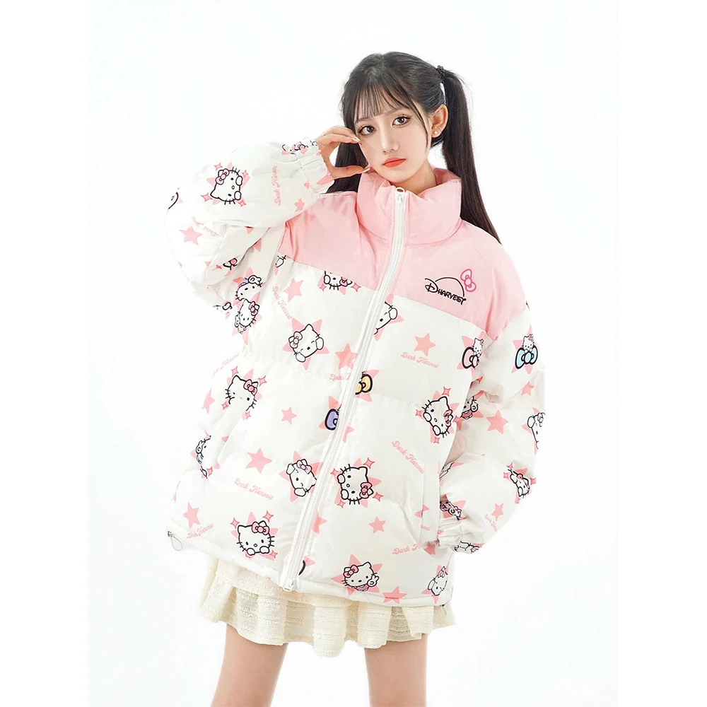 Hello Kitty Women's Winter Fashion Casual Jacket Cute Full Print Color Blocked Cotton Coat Korean Version New Thick Zipper Coat