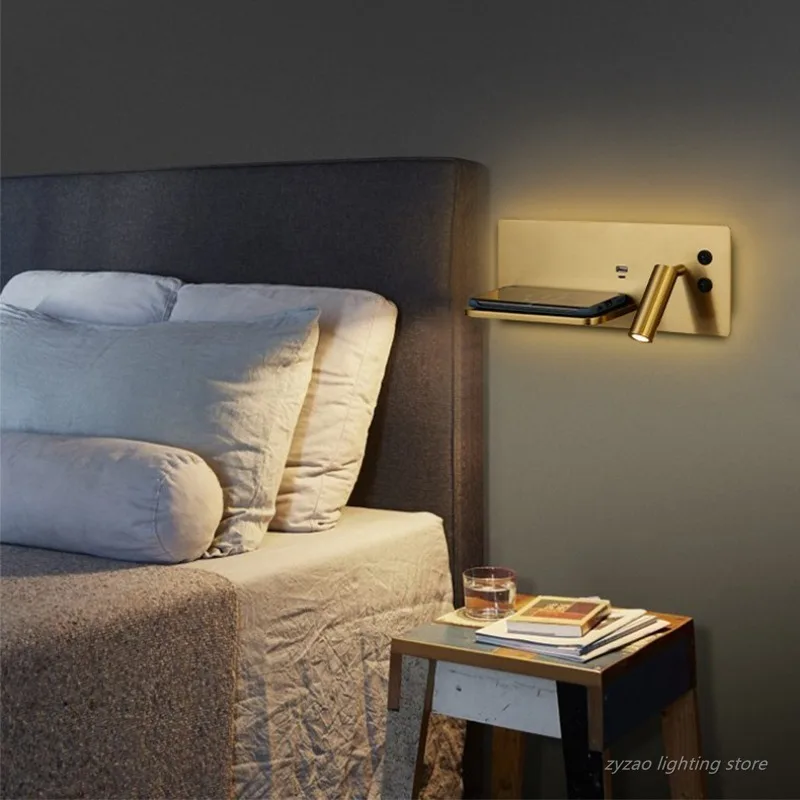 Wireless Charging Reading Wall Lamp with Switch Backlight Atmosphere Wall Hanging Lamp Bedroom Bedside High-end Wall Lights