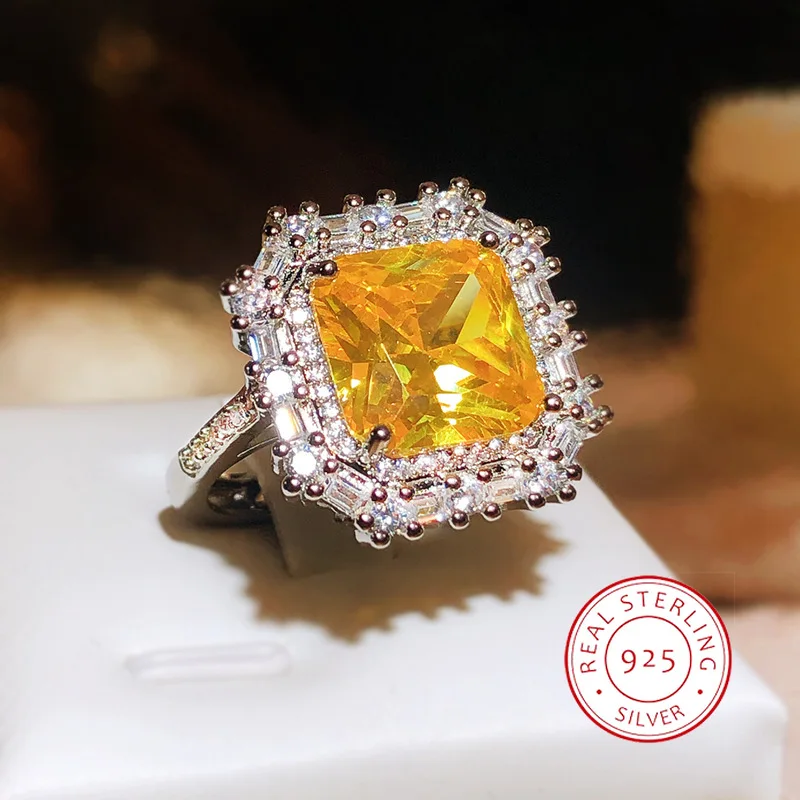 

Beautiful Yellow Geometric Square Simulation Crystal Gemstone Ring Ultra Shiny 925 Sterling Silver Full Diamond Zircon Jewelry