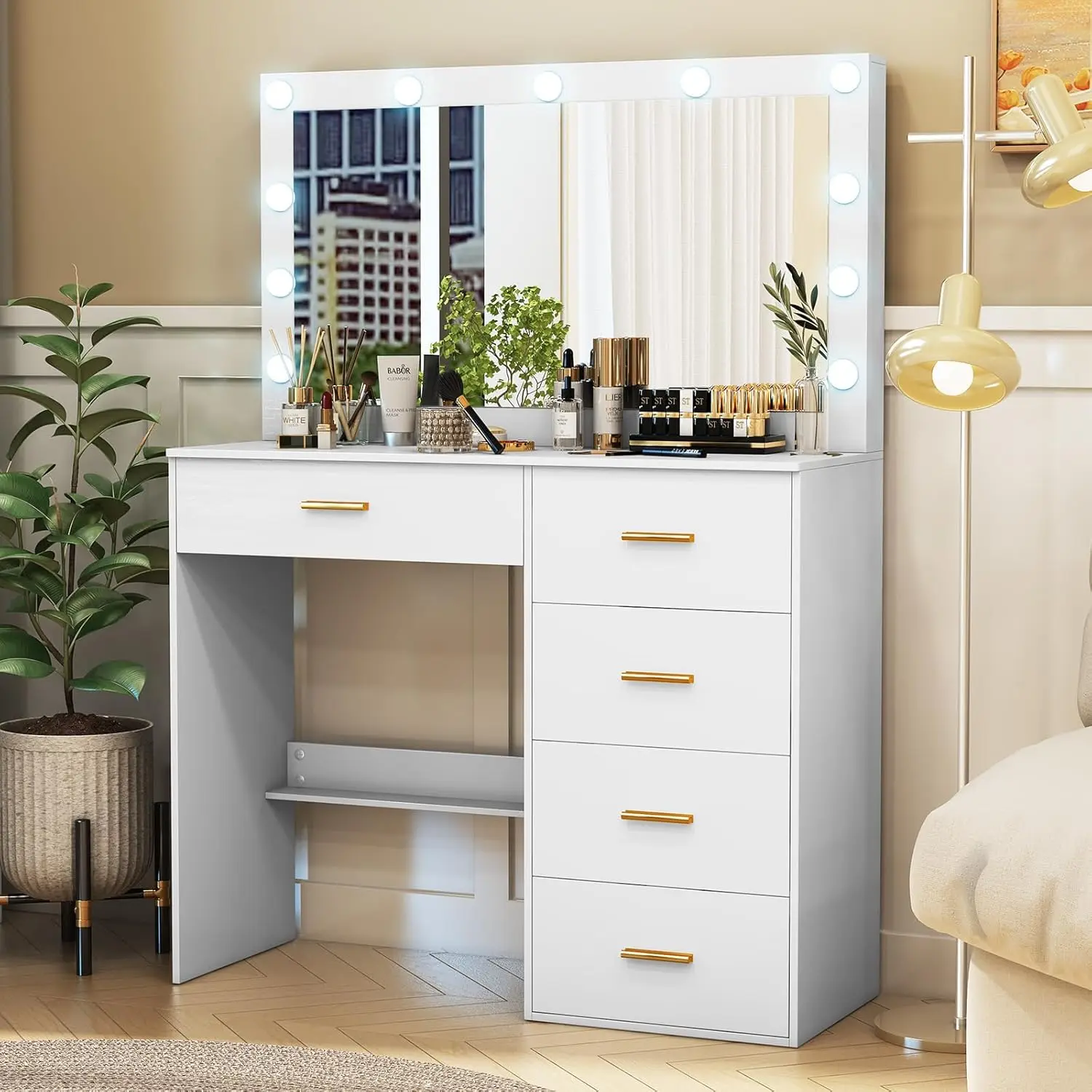 

Vanity Desk with Mirror and Led Light, Adjustable Brightness, Dressing Table with 5 Drawers, Makeup Table for Girls, Bedroom and