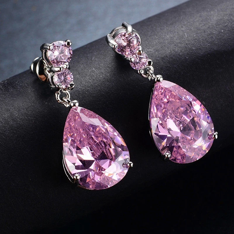 Women Teardrop Clear CZ Drop/Dangle Natural Morganite Drop Dangle Earrings Elegant Exquisite Gorgeous Lady Wedding Jewelry