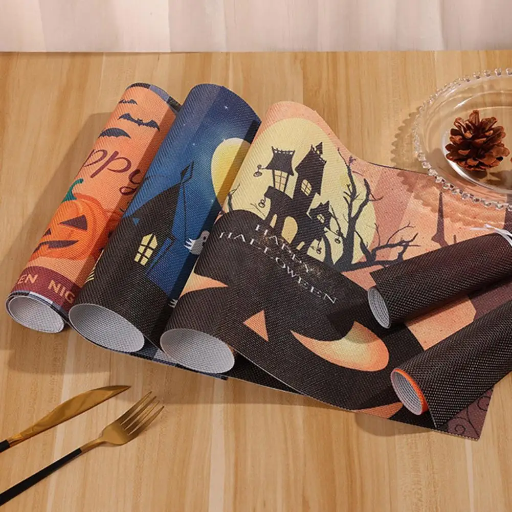 Halloween Pumpkin Placemat Rectangle Anti-scald Heat-Resistant Non-slip Waterproof PVC Holiday Dining Table Decoration Mat