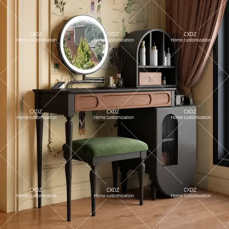 Retro Solid Wood Black Dresser Small Apartment Bedroom Makeup Table Integrated Storage Cabinet Vintage Style Furniture