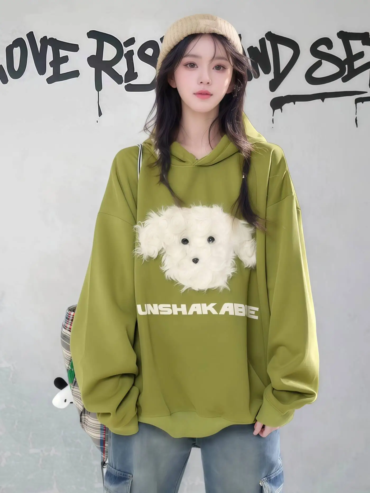 Autumn Women's Loose Casual Hoodie Puppy Pattern Oversize Long Sleeve BF Style Versatile Sweatshirt Jacket