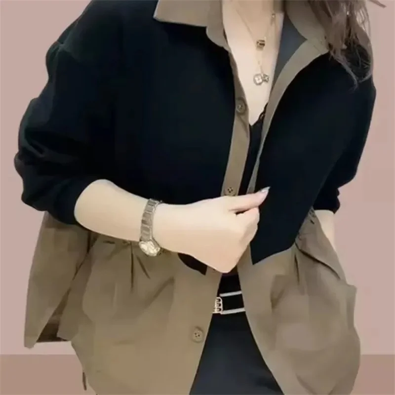 2024 Women Splicing Loose Fitting Jacket Spring Female Leisure Outerwear Ladies New Top Grade Fashion Long Sleeved Tops Coat