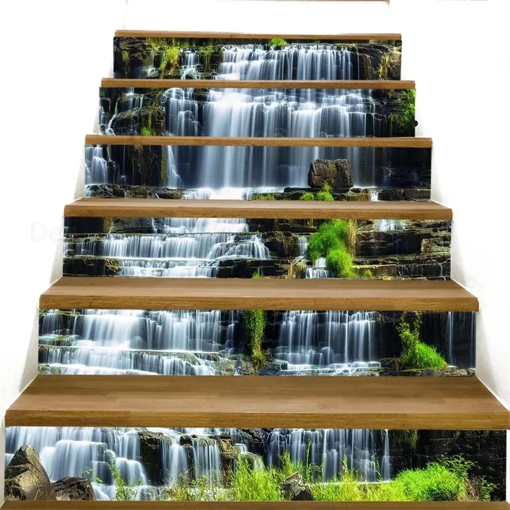 6pcs 13pcs/Set Landscape Waterfall Stair Floor Stickers Waterproof Removable Self Adhesive Diy Stairway Decals Murals Home Decor