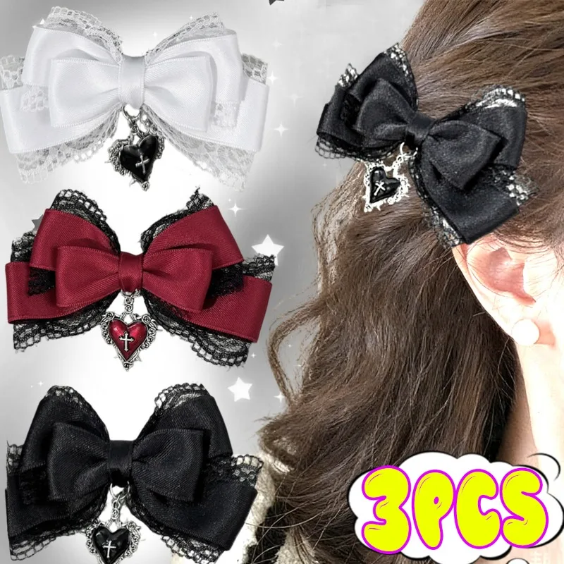 

1/3Pcs Y2K Bowknot Cross Hair Clip Wine Red Cross Punk Lolita Ribbon Bangs Side Hairpins Girls Y2K Headwear Ribbon Headdress
