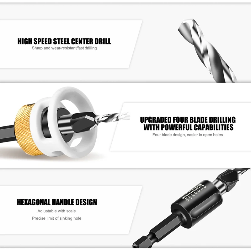 Senkerbohrer mit vier Kantenbegrenzung; 1 Stück Kegellochbohrer mit Holzbearbeitungslegierung, Stufenbohrer mit einstellbarer Tiefe für versteckte Schrauben