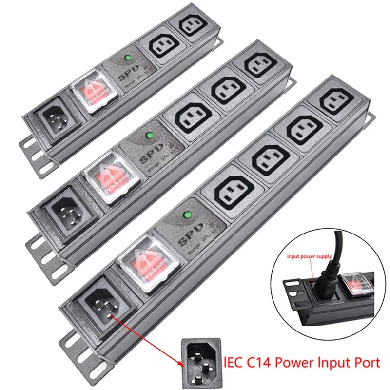 Cabinet Rack Wall Mounted Desktop PDU Power Strip Unit iec C14 Interface 2-10Ways C13 Outlet Socket Surge protection