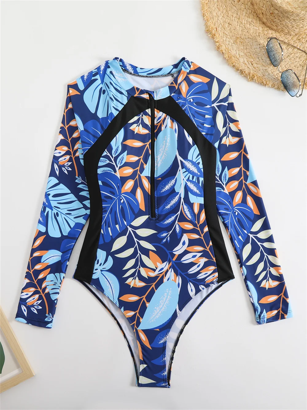 Sexy Print Long Sleeve Bikini Zipper Slimming Surfing Racing Swimsuit Women Patchwork Swimwear Beach Outfit Bathing Suit Biquini