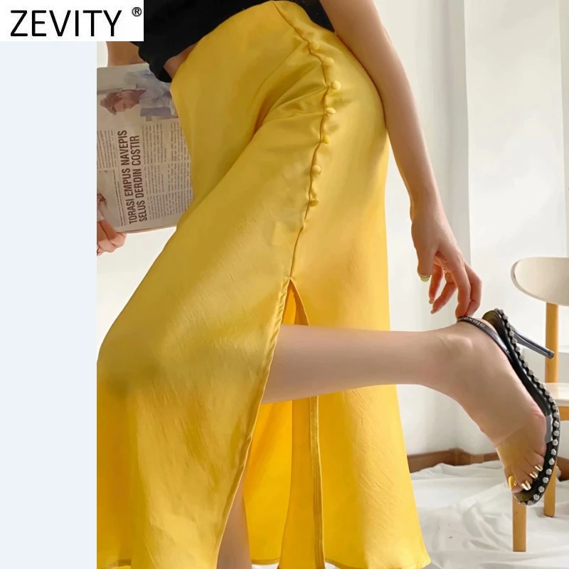 Zevity 2021 elegante feminino estilo francês doce cor dividir cetim uma linha saia faldas mujer feminino casual verão midi saias qun810