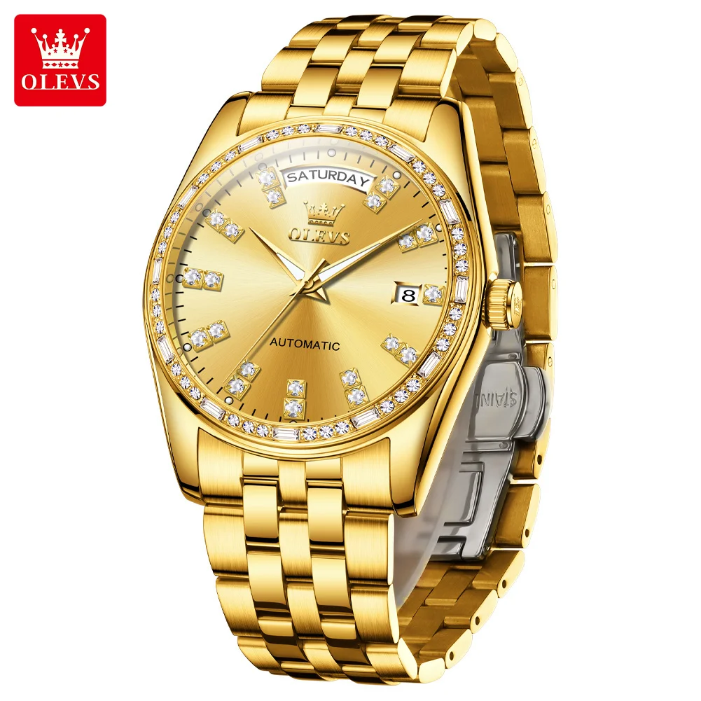

OLEVS Gold Watch Diamond Bezel Dual Calendar Automatic Mechanical Watch for Men Stainless Steel Waterproof Luxury Man Watch 9802