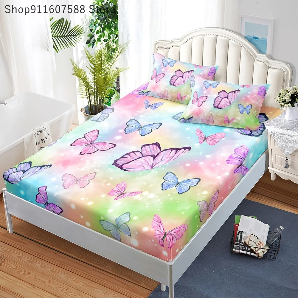 

Pink Blue Butterfly Printed Sheet Mattress Cover with Elastic Polyester Fitted Bed Sheet with Pillowcases Full Twin King Queen