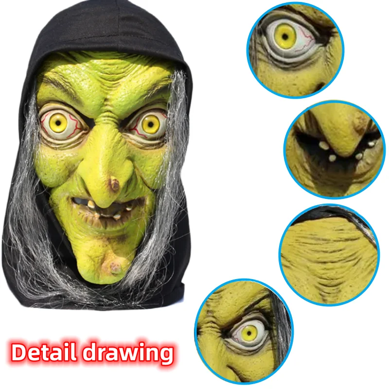 Máscara de Halloween Horror Old Witch para Mulher, Cosplay Traje, Palhaço Assustador, Máscaras de Látex Hag, Rosto Verde, Nariz Grande