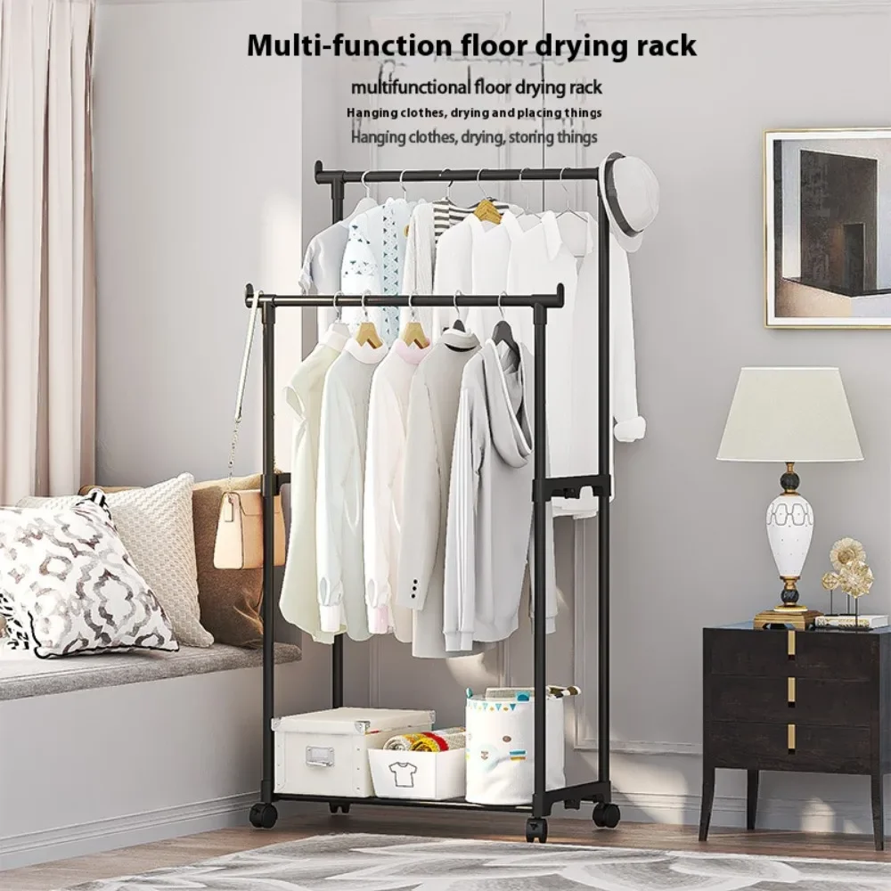 Movable Coat Rack Double Simple Rod Clothes Rack Floor-Standing Bedroom Telescopic Floor Hangers Storage Clothes Shelf CoatRack