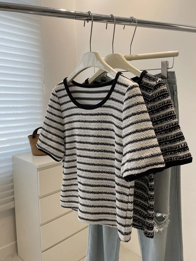 

plus Size Women's T-irt Summer Loose Fit Bright Tead Stripe ort Sve round Ne Casual Versatile Top for Students