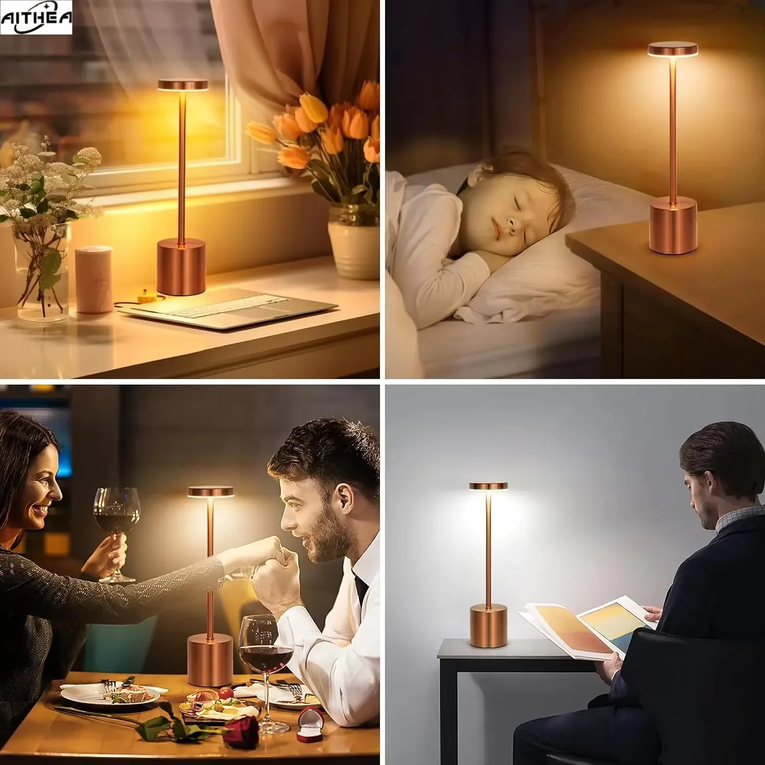 AITHEA Type C Rechargeable LED Table Lamp Touch Switch Bedside Night Light Portable 3 Color Desk Lamp for Club Bar Room Outdoor