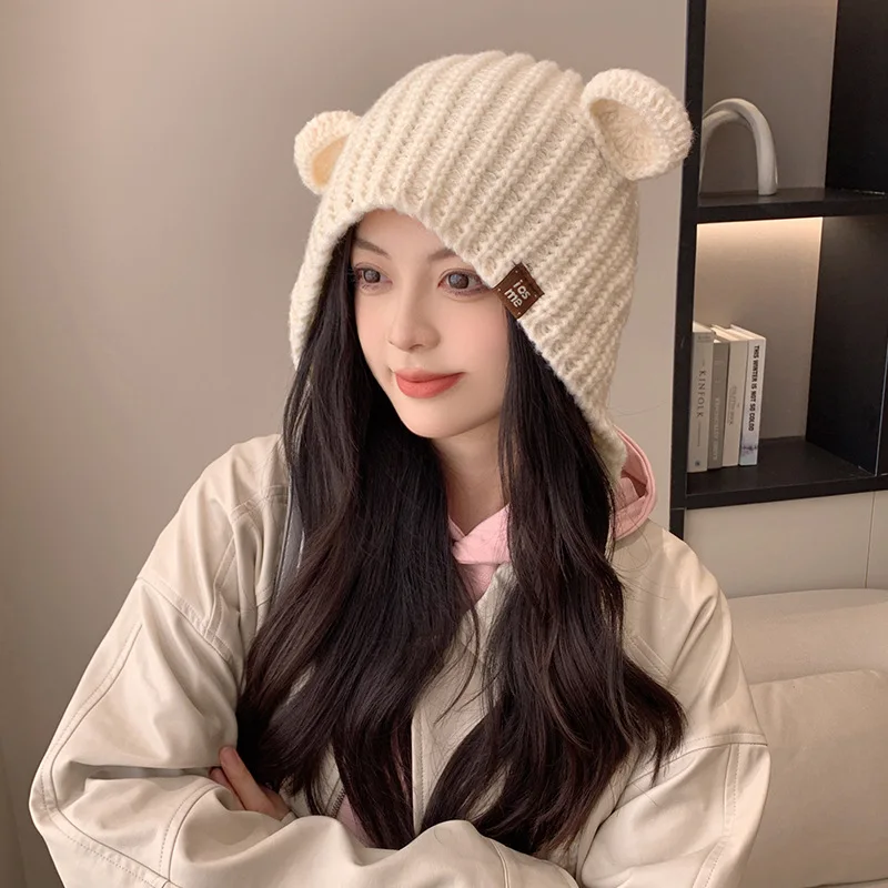 

Korean Style Cute Bear Cap with Ears Women Autumn and Winter Warm Windproof Thicken Hat Earflaps Head-Wrapping Knitted Beanie