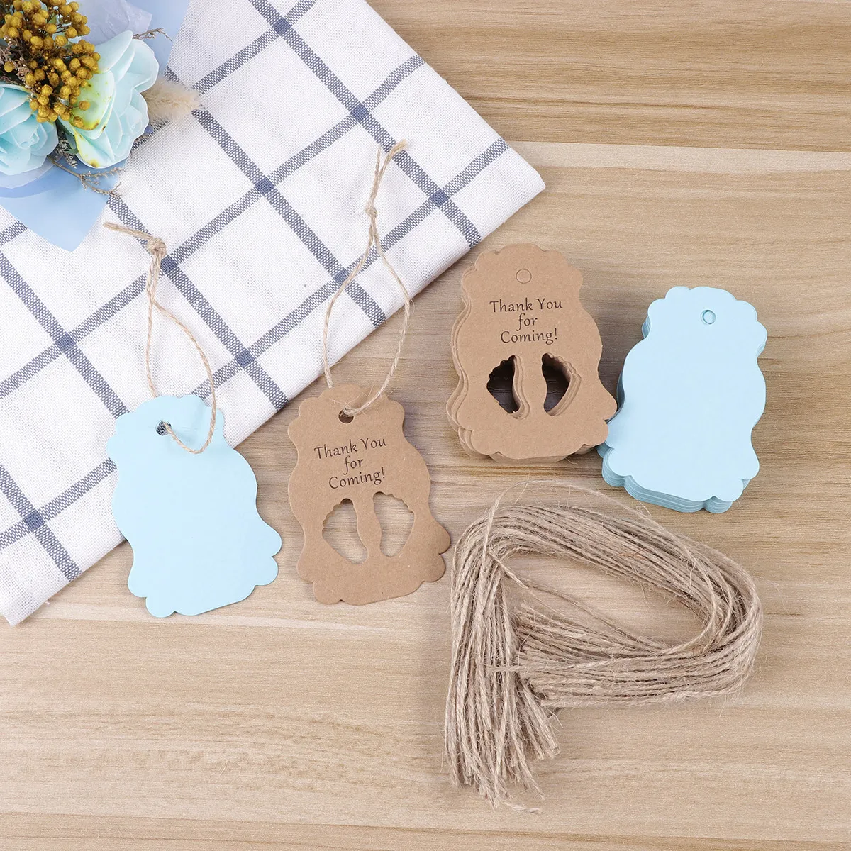 50pcs Kraft Paper Hanging Tags – Blue Thank You Gift Favor Tags for Shower, Scrapbooking & Decoration