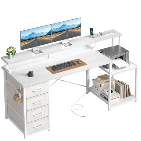 55 Inch Computer Desk with 4 Drawers, Office Desk with Power Outlets, Printer Shelf & Storage Shelves, Large, Customized