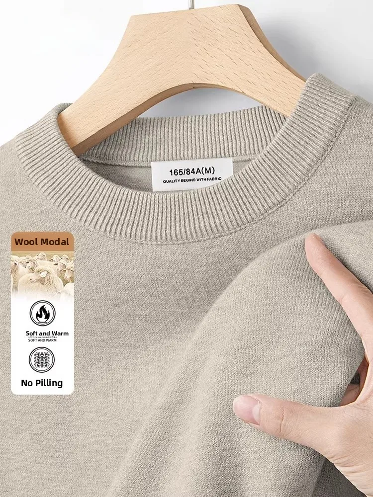

Мужской шерстяной свитер из модала с круглым вырезом, на флисовой подкладке, повседневный, стильный, удобный, мягкий, теплый, зимний, модный топ