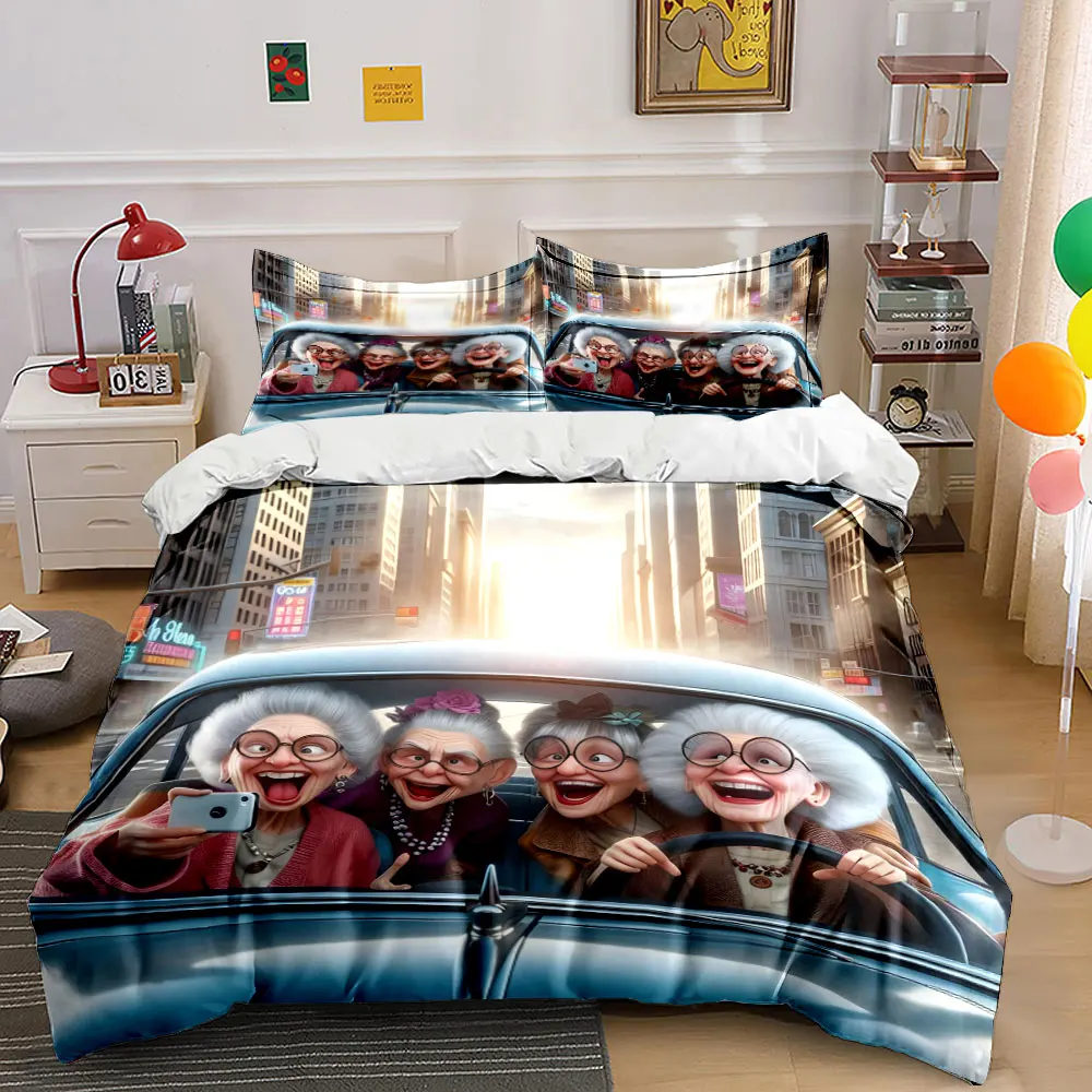 Elderly women driving classic car selfie Bedding Set for Kids Luxury Gift 3pcs Digital Print Comforter Set Soft Comfortable