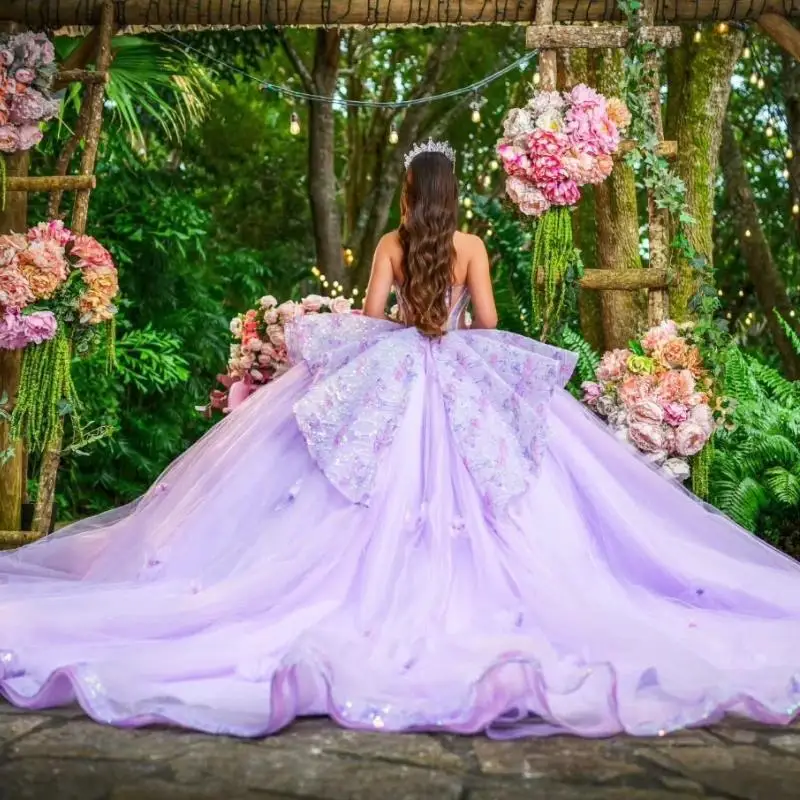 Personalizado brilhante lavanda princesa quinceanera vestidos fora do ombro vestido de baile apliques rendas cristais contas tull doce 16