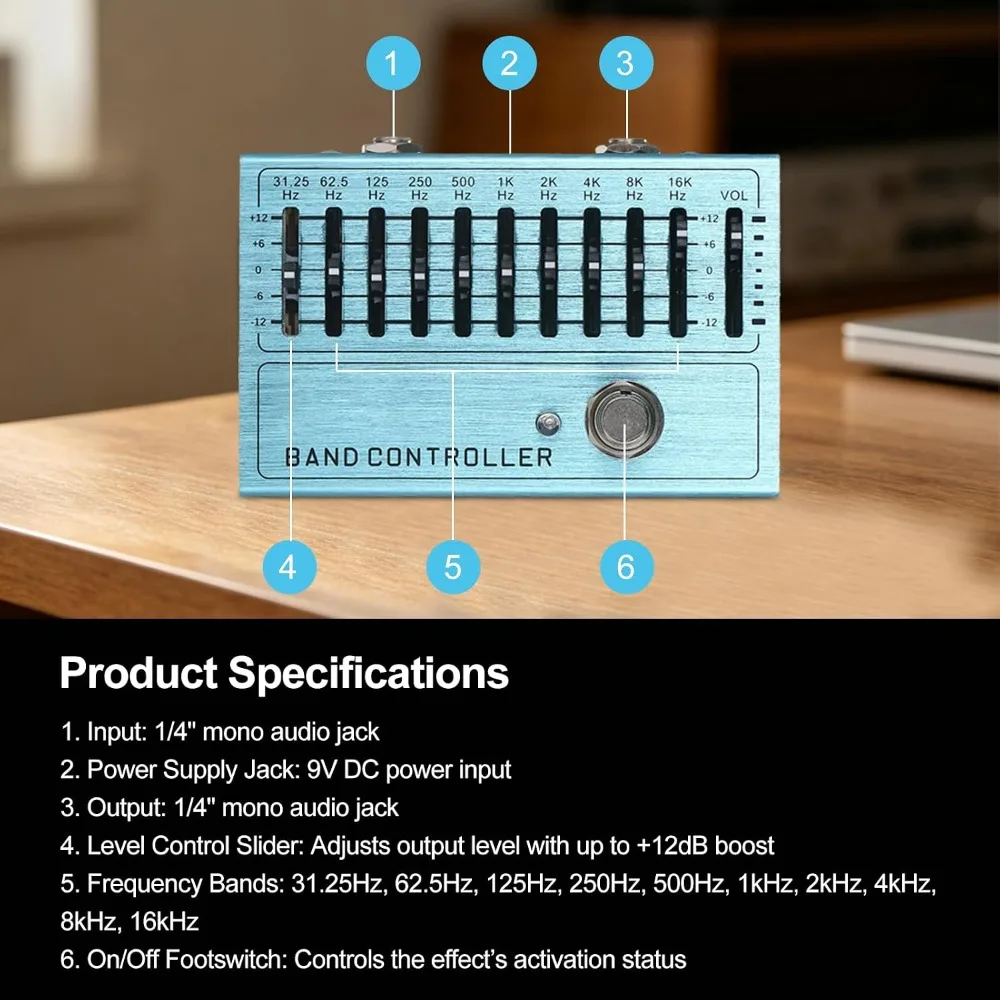 LED Sliders EQ Pedal ±12dB Gain/Attenuation Independent Controller Button 10-Band Equalizer Band Controller Aluminum alloy view 4
