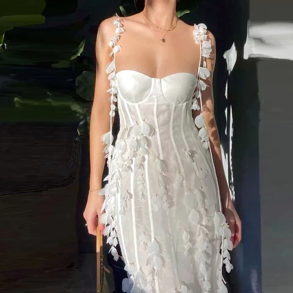 

Pretty White Mermaid Wedding Dress Spaghetti Strap Sleeveless Lace Appliques Custom Made Ankle Length Robes De Mariée