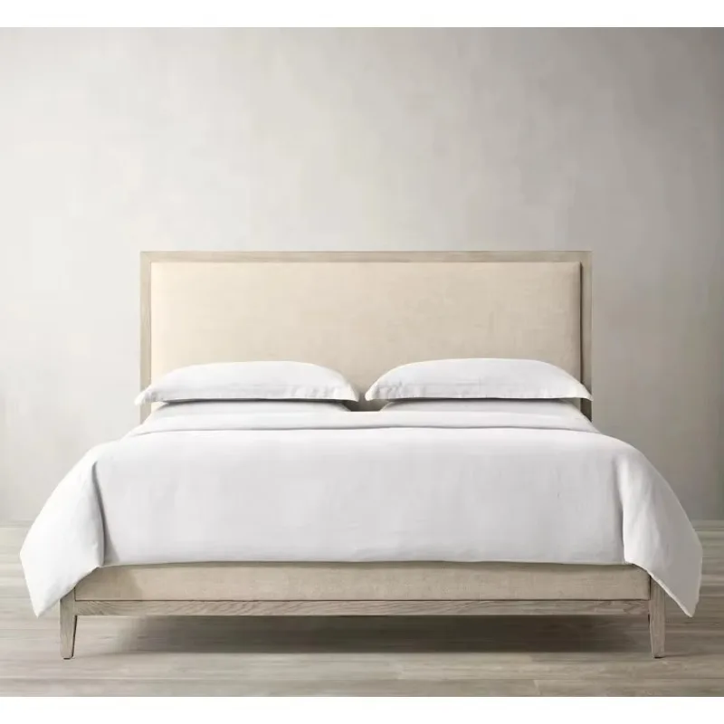 Luxury Modern French Contemporary Hotel Bed American Style Fabric Panel Bed with Solid Wood Soft Style for Home Furniture