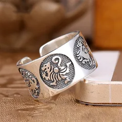 New in Chinese Style 925 Silver Four Big Divine Beast Glossy Face Mens Rings Simplicity Charm Wide Ring Banquet Jewelry Gift