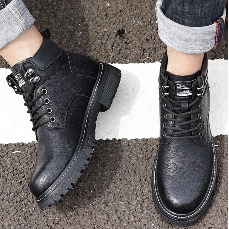 Retro Kuh Leder männer Plattform Stiefel Herbst Winter Weiche Sohle Casual Designer Männer Schuhe Mode Schwarz Stiefeletten Männer