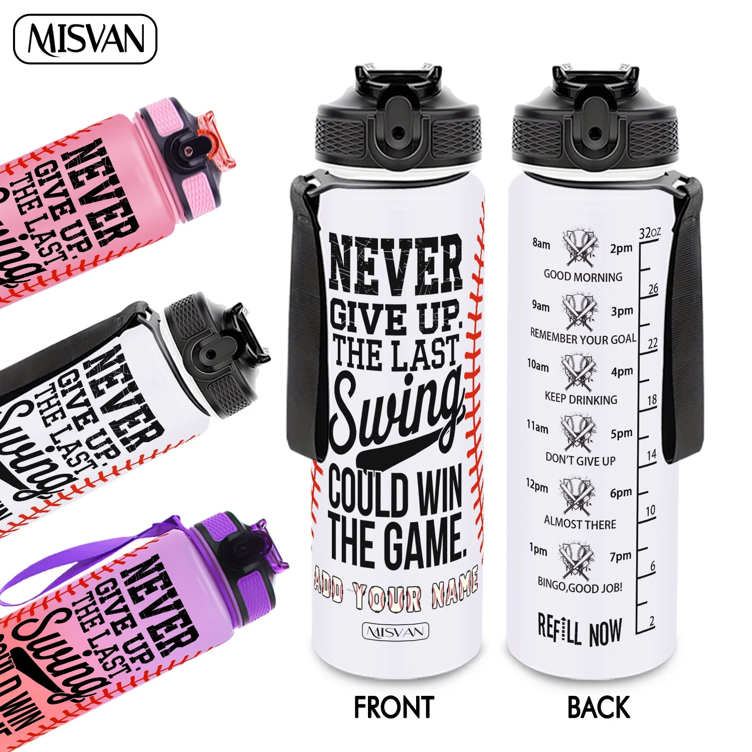 

1PC,Customization Name 32oz Water Bottle,Never Give Up Baseball Print,Encourage Daily Hydration,for Gym Outdoor Cycling