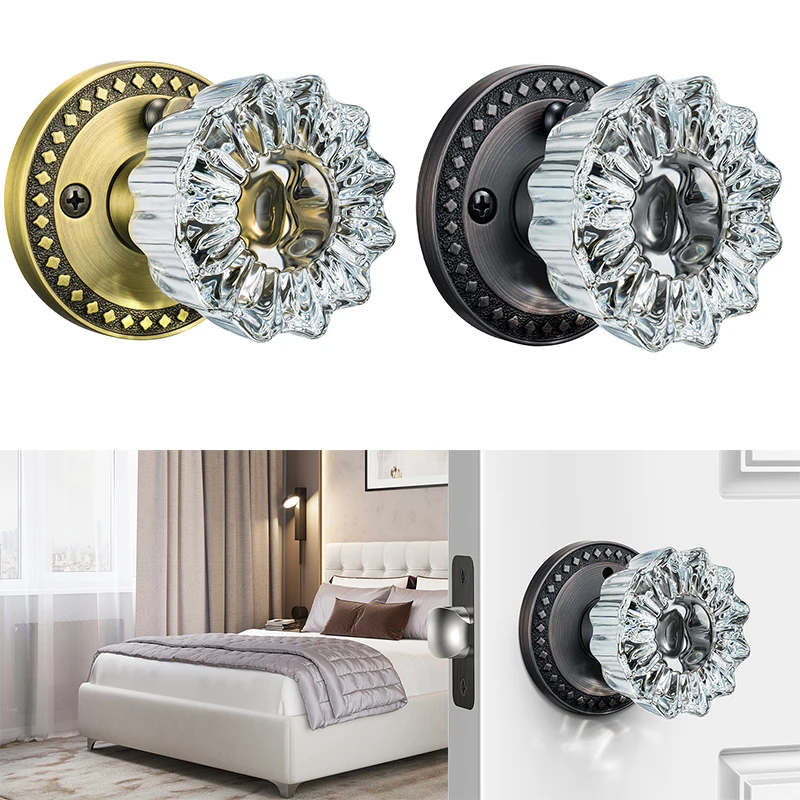 

Vintage Privacy Crystal Door Knobs with Lock Antique Brass Door Knobs for Bedroom Bathroom Push Pin Button Inside Lock 1 Pack