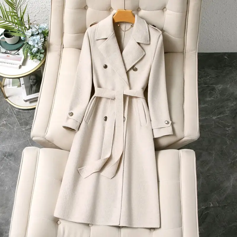 جديد الراقية الوجهين الصوف معطف الصوف المرأة الخريف الشتاء مزاجه طويل التلبيب معطف الصوف الدافئ معطف أبلى السيدات #2