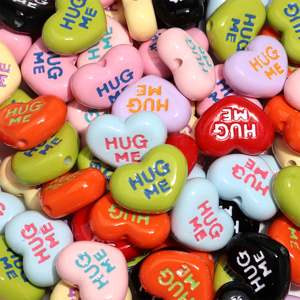 10pcs Colorful Acrylic Heart Beads 23mm HUG ME Letter Word Beads Mixed for DIY Earring Bracelet Necklace Jewelry Making