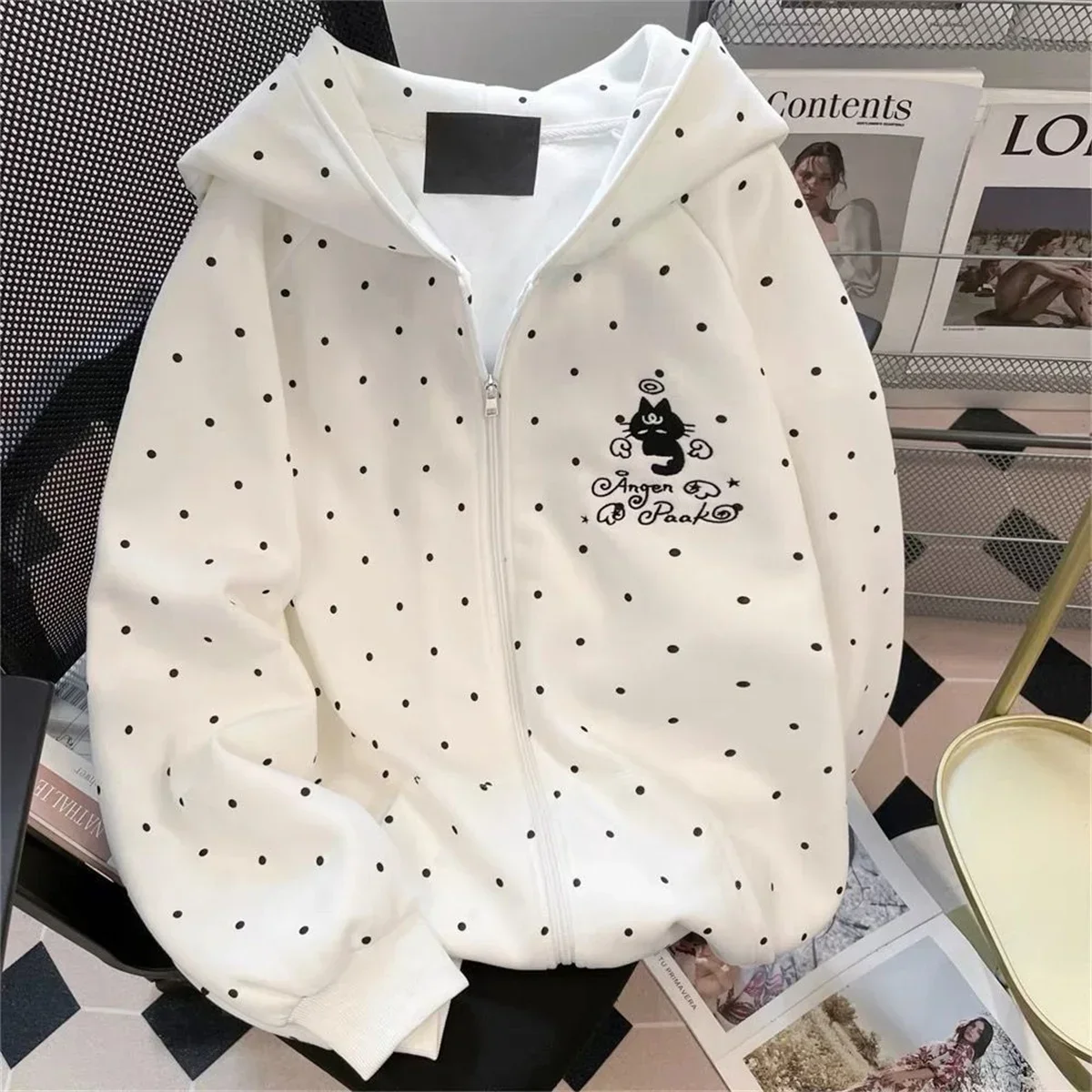 Niedlicher Polka-Dot-Katzen-Hoodie mit Stickerei, Herbst-Winter, süßer, lockerer Schnitt, Reißverschluss-Cardigan-Jacke, Harajuku Casual Sweatshirts, Neu 2025 – Detail 1