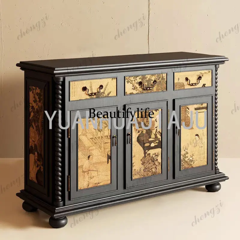 French solid wood dining side cabinet retro painted locker living room partition decorative storage cabinet