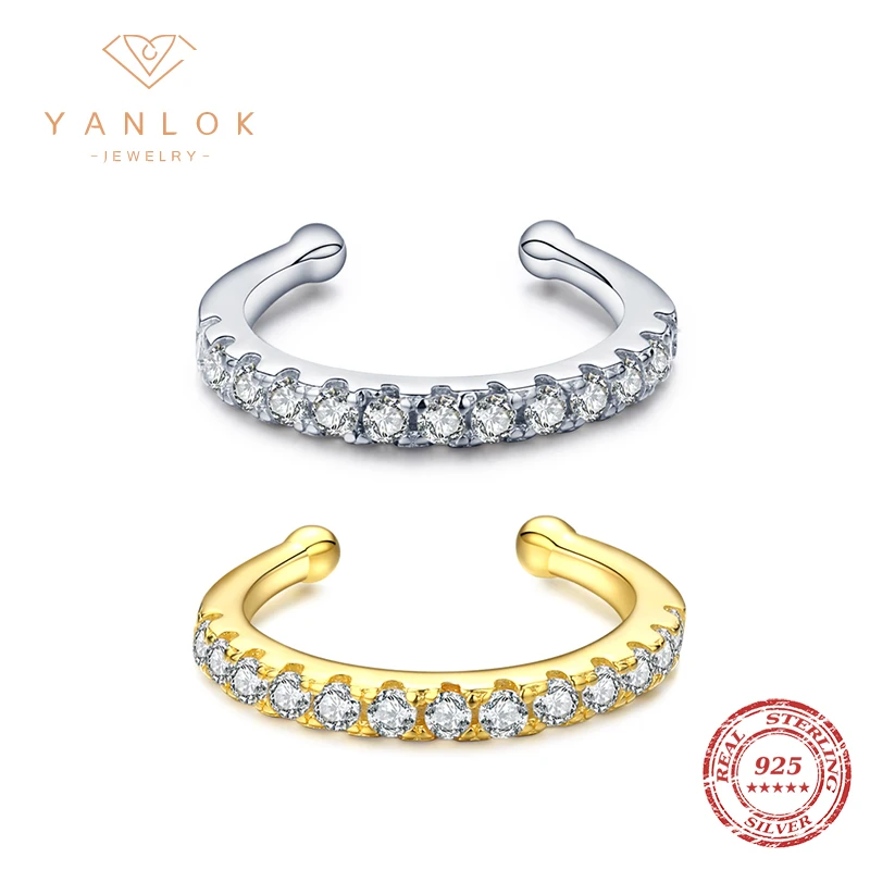 YANLOK Cool Girl Ear Cuff 925 Sterling Silver Geometric Rainbow Crystal C-Shape Single Clips Earring for Women Jewelry Bijoux - view 4