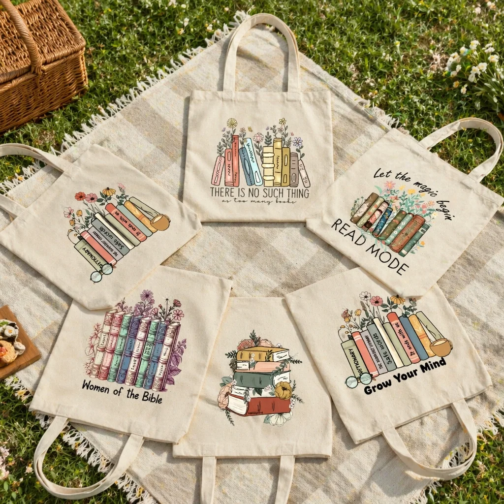 Books and Flower Print Handbag Women Casual Canvas Portable Shoulder Bag "women of The Bible" Pattern Shopping Reusable Tote Bag
