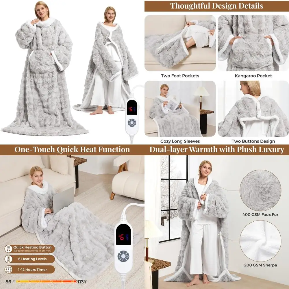 

Luxurious Electric Sherpa Throw with Faux Fur, Sleeves, and Foot Pockets for Men and Women