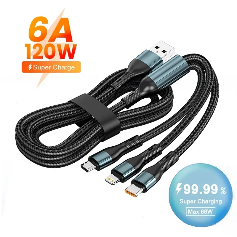 120W 3-in-1 USB Fast Charging Cable For iPhone 14 13 12 Type-C Micro USB Huawei Mate 60 Xiaomi Samsung Data Wire 1.2M