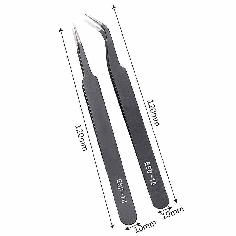 Stainless Steel ESD-14 ESD-15 Anti-static Tweezer Forceps Curved Straight Tip Precision Black images - 6